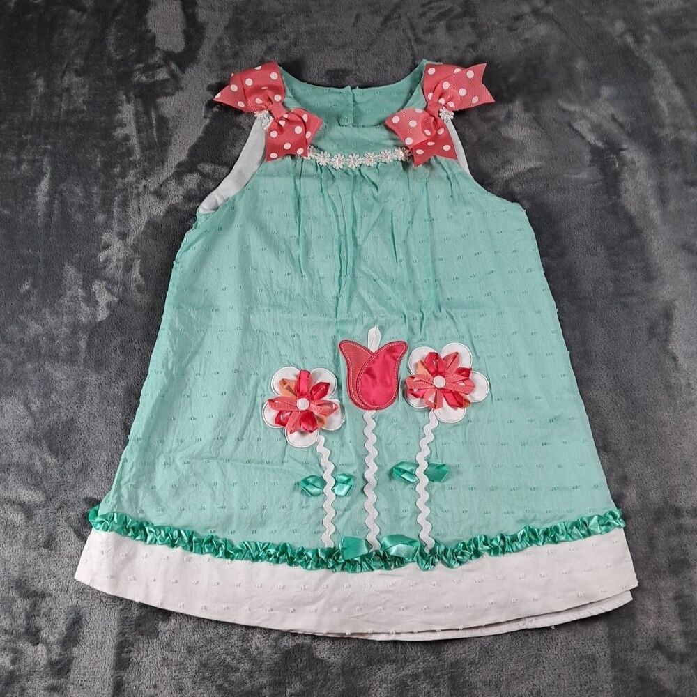 Rare Editions Size 6 Aqua Salmon Bow Flowers Ruffles Dress